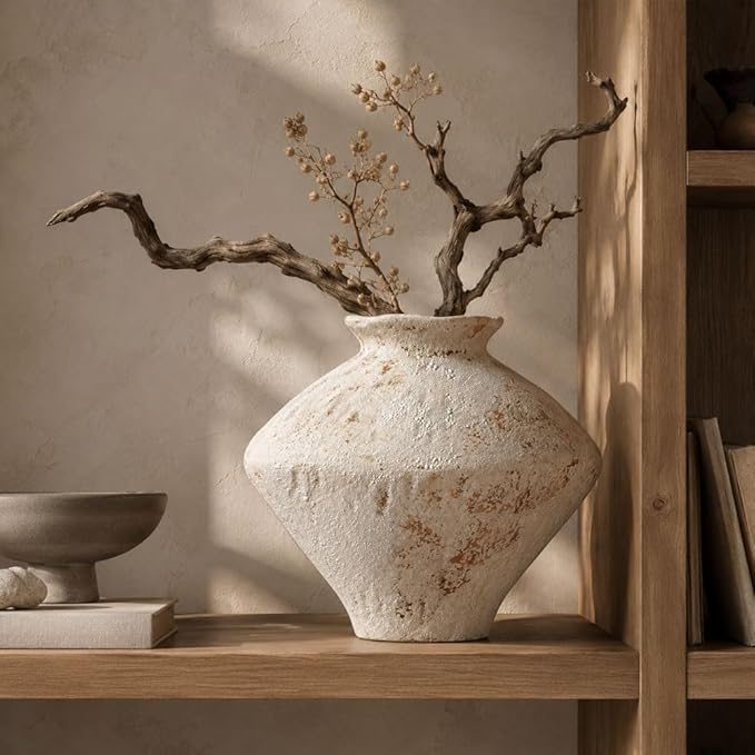 Wabi Sabi Rusty Vintage Vase, 11.4" Tall Wabi Sabi Decor Rustic Farmhouse Pottery Vase for Centerpiece, Textured Pottery Flower Vases for Home Decorative, Table, Living Room (White, Large)