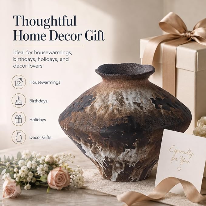 Large Wabi Sabi Rusty Vintage Ceramic Vase, 9.8" Rustic Pottery Vase for Centerpieces, Wabi Sabi Decor Flower Vases for Table, Living Room, Bedroom, Bathroom, Kitchen, Farmhouse Home Decor Gifts