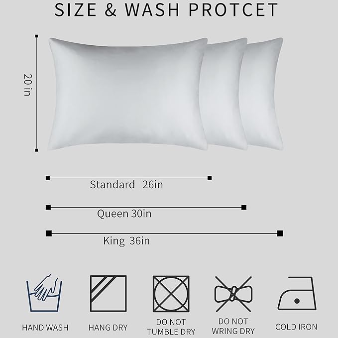 100% Mulberry Silk Pillowcase Set of 2 for Hair and Skin,with Hidden Zipper,Both Sides 19 Momme 600 Thread Count Natural Silk Pillow Cover,Soft Breathable Smooth (White, King 20''x36'')