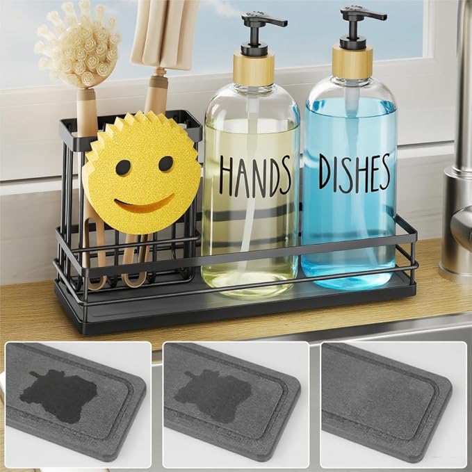 Moforoco Kitchen Dish Soap Dispenser Set, 16OZ Glass Bottle, Hand and Dish Soap Dispenser Set, Instant Dry Tray, Brush Holder with Smiley Face Sponge Holder (Black Tray+Clear Bottle)