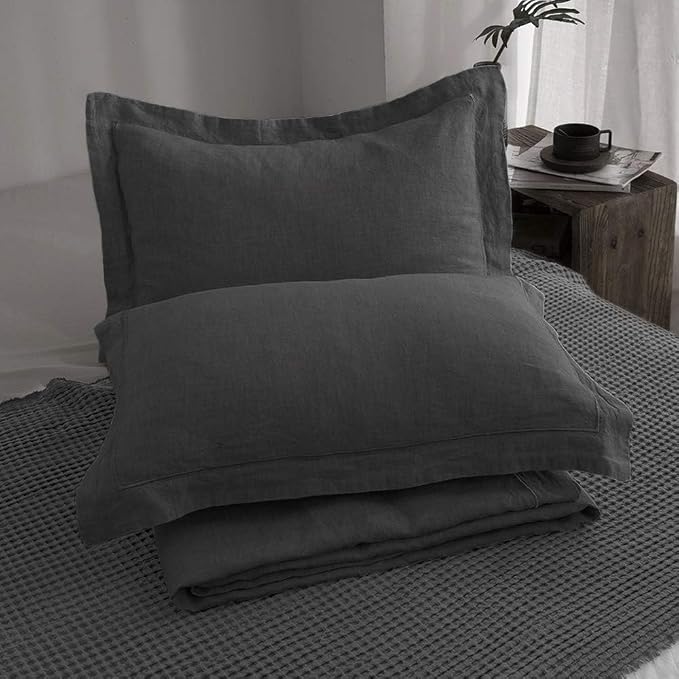 Simple&Opulence 100% Linen Duvet Cover Set with Embroidery Border Washed - 2 Pieces (1 Duvet Cover & 1 Pillow Sham) with Button Closure Soft Breathable Farmhouse - Dark Grey, Twin Size