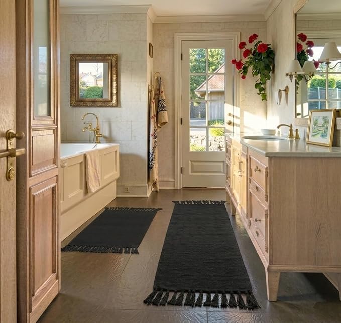 Seavish Black Kitchen Rug Set, 2x3+2x4.3 Boho Cotton Woven Area Rug, Washable Throw Rug Set, Farmhouse Floor Mat for Laundry Room Bedroom Bathroom Restroom Doorway Patio Porch