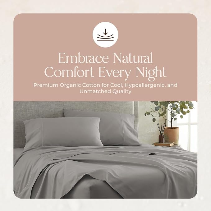 Certified Organic King Flat Sheet Only - 100% Organic Cotton Top Sheet with Luxurious Soft and Breathable 300 Thread Count Sateen Weave Finish - GOTS & Fairtrade Certified (Classic Grey, King)
