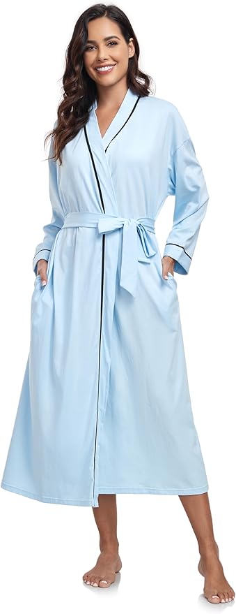 COLORFULLEAF 100% Cotton Women's Robes Summer Lightweight Kimono Soft Long Cotton Bathrobe for Women with Pockets