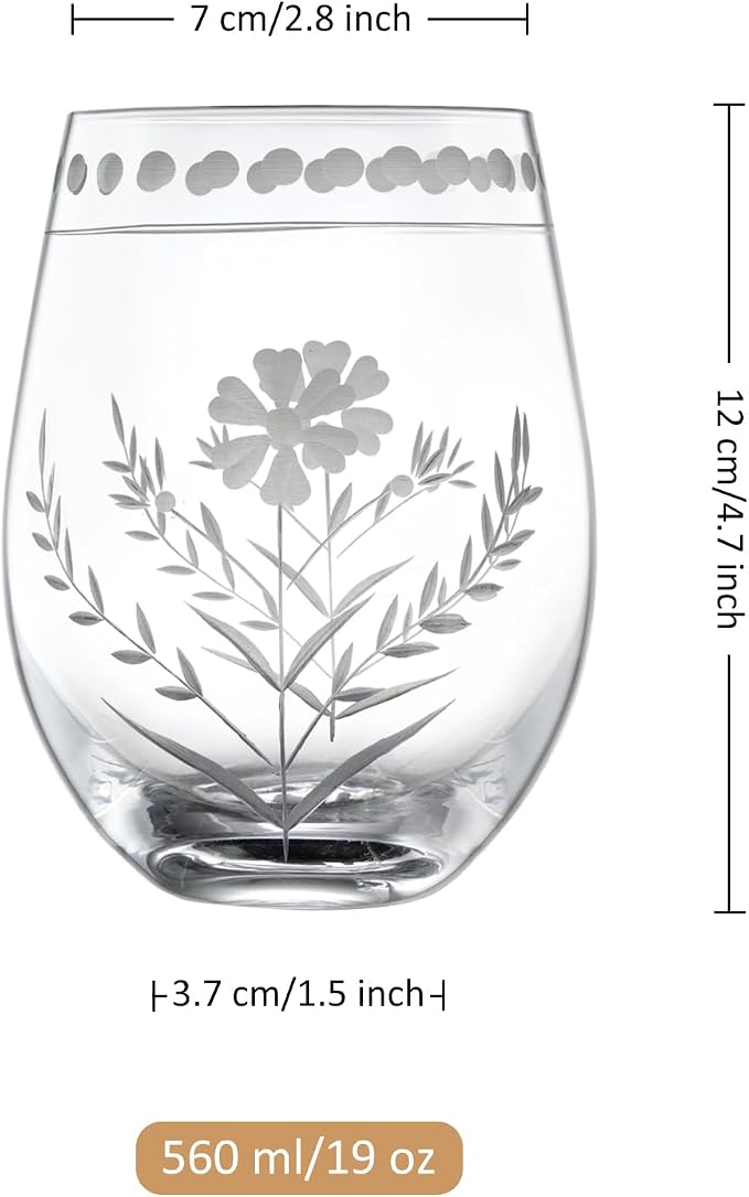 Joeyan Hand Blown Etched Stemless Wine Glasses,Carved Red and White Wine Tumbler with Floral Pattern,Clear Drinking Glass Cups,Glassware for Birthday Party Anniversary,19 oz,Set of 4,Dishwasher Safe