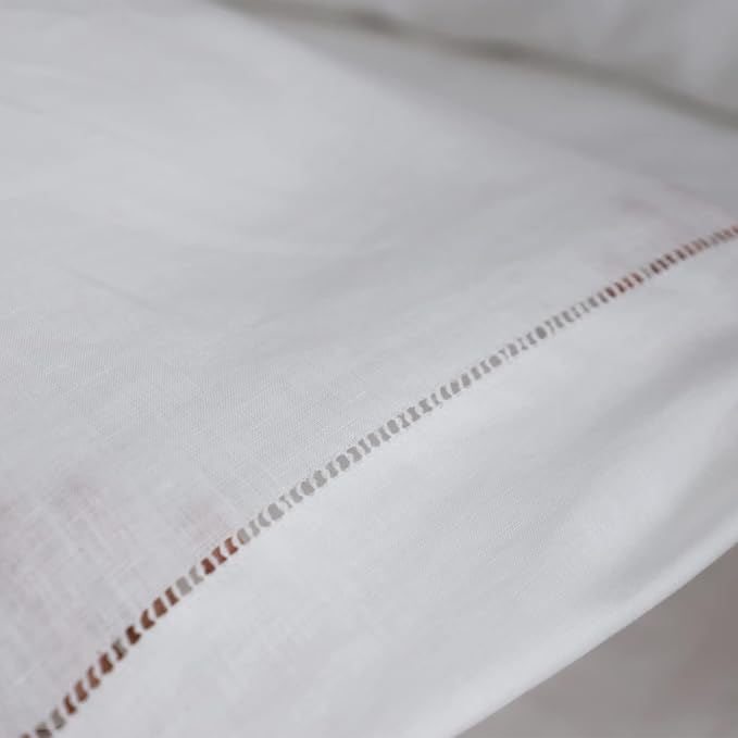 100% French Linen Pillowcases with Handmade Hemstitch Lace - Pack of 2 - Washed Solid Color Natural Flax Soft Breathable - White, 20'' x 30''