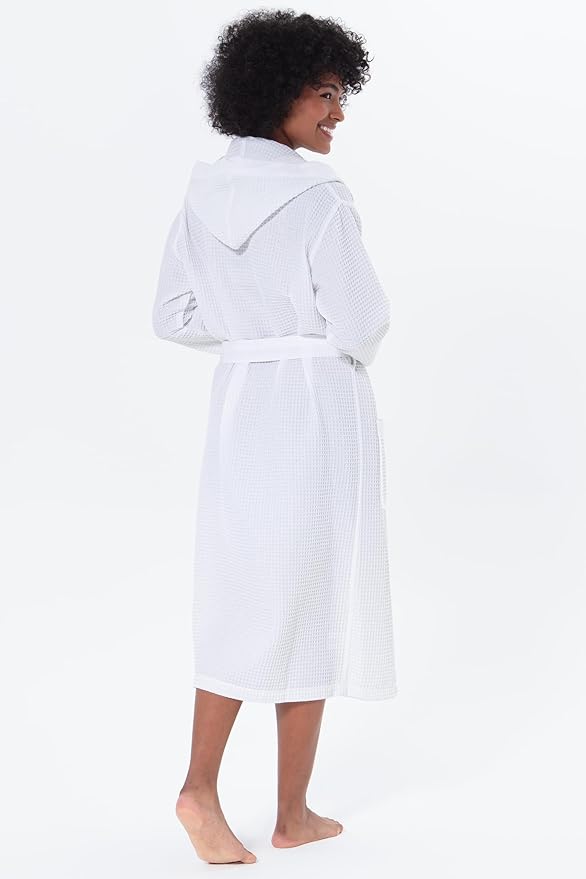 SEYANTE Women's Organic Cotton Waffle Kimono, Hooded Robe – GOTS Certified Lightweight Full-Length Spa Bathrobe with Piping