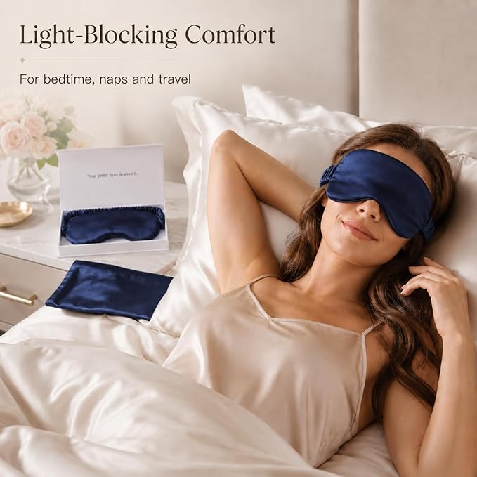 Silk Sleep Mask Light Blocking Luxury 100% Mulberry 19mm Silk Eye Mask Eye Cover Blindfold Ultra Soft Light & Comfy Anti Aging Skin Care with Travel Bag Gift Package