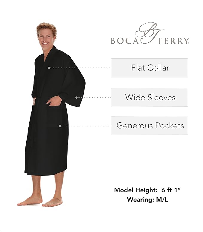 Men's Waffle Robe by BOCA TERRY, Waffle Knit Spa Robe, Long Lightweight Cotton Kimono Hotel Bathrobe