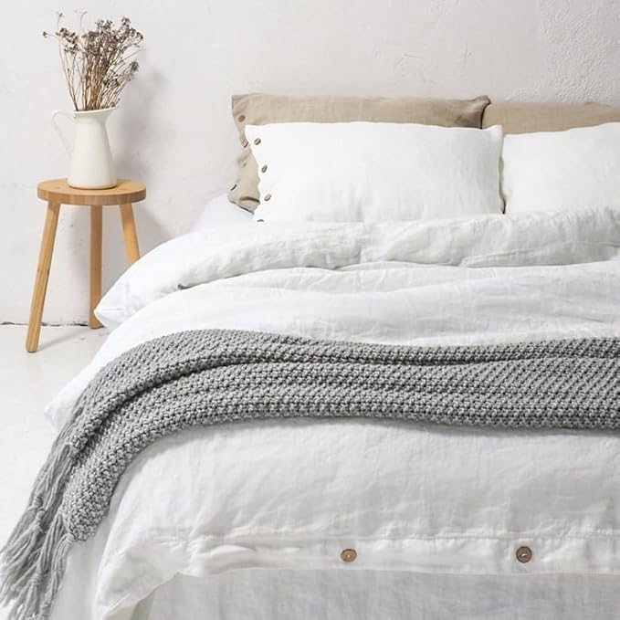 Simple&Opulence 100% Linen Duvet Cover Set 3pcs with Coconut Button Closure Natural French Washed Flax Solid Color Soft Breathable Farmhouse Bedding - White, Queen Size