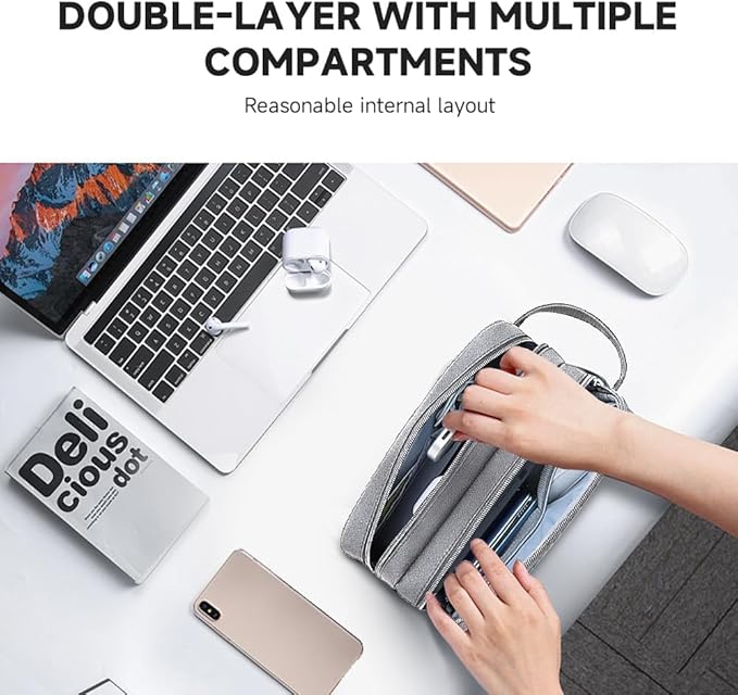 Teskyer Cable Organizer Bag, Travel Electronics Accessories Organiser, Protable Tech Pouch for Phone Chargers, Cables, Flash Drive, Power Bank, Hard Drive, Light Grey, 23.5 x 12 x 9 cm, Double-Layer