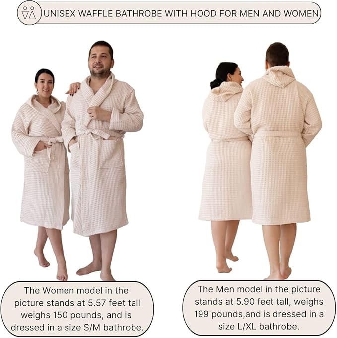 Unisex Hooded Waffle Robe for Women & Men 100% Turkish Cotton | Quick-Dry Bathrobe | Cozy Housecoat for Lounging