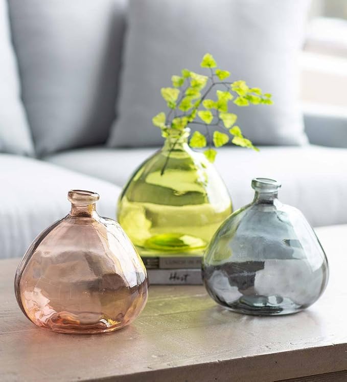 VivaTerra Recycled Round Glass Balloon Vase – Handblown Glass Vases for Centerpieces – Unique Organic Shape in a Delicate Pink Color – Sustainable and Unique Home Decor (9" H x 8" Dia.)