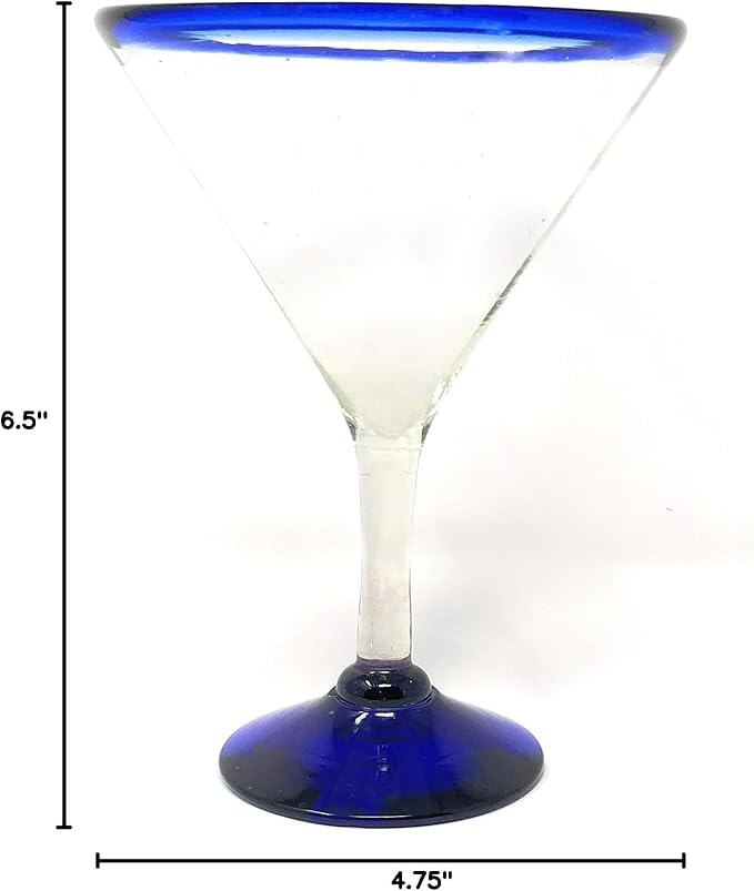 Mexican Hand Blown Glass – Set of 4 Hand Blown Modern Margarita Glasses - Blue Rim (12 oz)