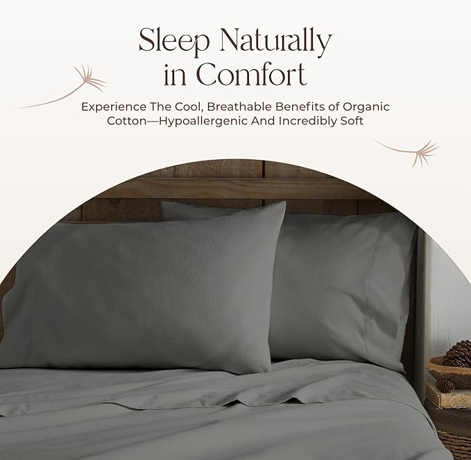 100% Organic Flannel Sheets Queen Size - GOTS Certified 100% Cotton Flannel Sheets Set with Comfortable Soft Brushed Finish & Deep Pocket - 1 Flat 1 Fitted & 2 Pillowcases (Dark Gray, Queen)