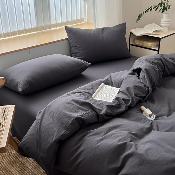 FACE TWO FACE Bedding Duvet Cover Set100% Washed Cotton Duvet Cover Linen Like Textured Breathable Durable Soft Comfy (Full, Volcanic Black)