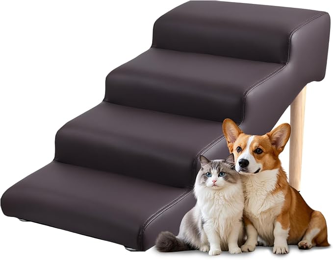 4-Step 18" H Dog Stairs for Bed Couch, Waterproof & Scratch PU Leather Pet Steps for Small Senior Dogs and Cats, Dog Ramp with 220 lbs Maximum, Oak Leg & Solid Wood, Non-Slip Feet,Brown