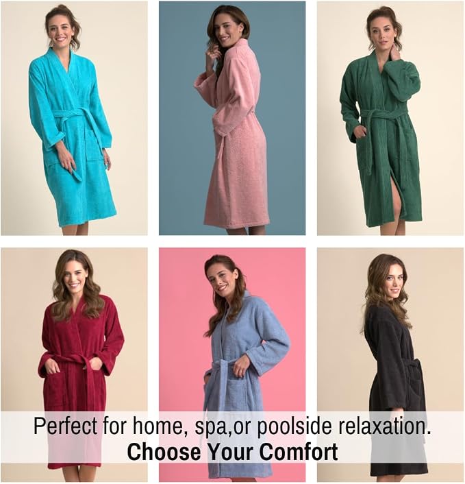 Women's Turkish Terry Kimono Style Bathrobe - 100% Cotton Robe for Women - Comfortable & Absorbent - Soft & Cozy Wear