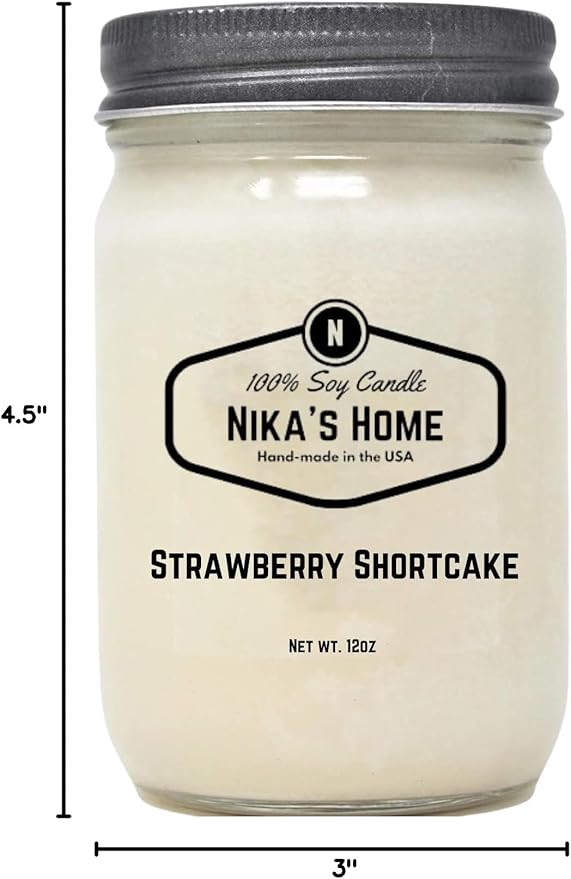 Nika's Home Strawberry Shortcake Soy Candle - 12oz Mason Jar - Non-Toxic - Hand Poured in The USA, Long Burning 50-60 Hours Highly Scented All Natural, Clean Burning