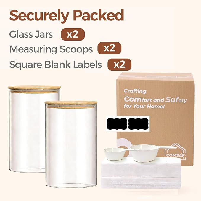 ComSaf Flour Sugar Storage Containers 4 Qt, 2 Pack Glass Flour Container | 26.6cm/10.5in Tall, 128oz/1 Gallon Large Glass Storage Containers, 15cm/5.9in Extra Wide Mouth, 4.6lb Flour Jar, BPA Free
