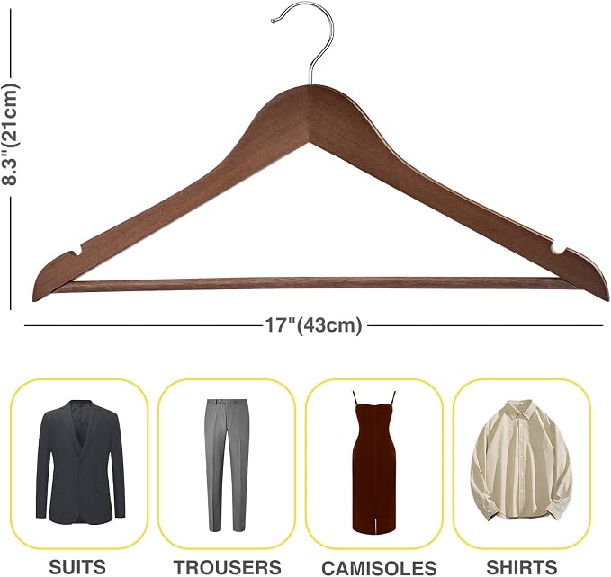 Wooden Hangers 90 Pack,Wooden Clothes Hanger for Daily Used,Heavy Duty Wood Hangers with Pant Bar & Precisely Cut Notches,Premium Hanger for Heavy Coats,Shirts,Suits,Dresses (Walnut)