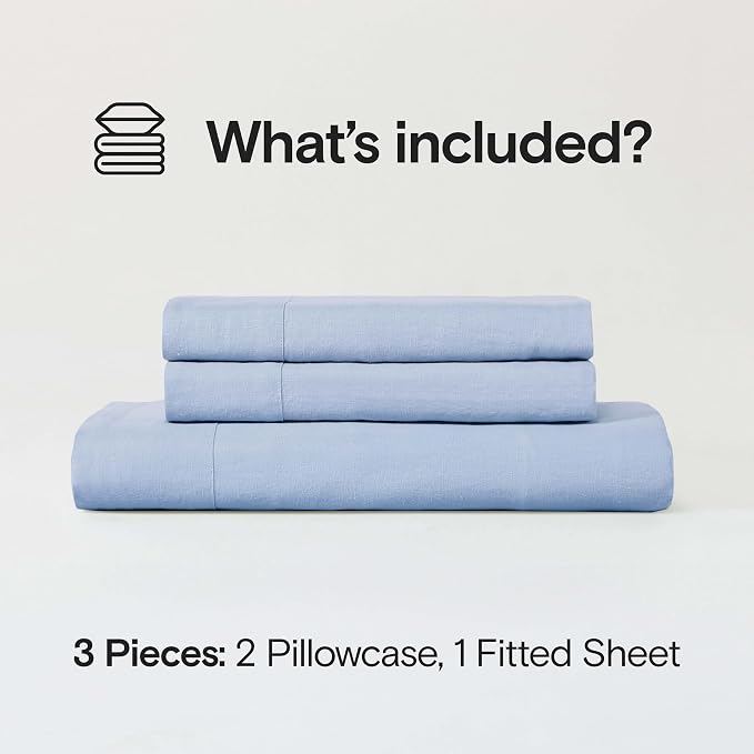 Sijo Stone Washed Organic French Linen Bed Sheet Set, GOTS Certified Organic, Best Cooling Linen Sheet Award by Sleep Foundation, 3 Piece - 2 Pillowcases and 1 Fitted Sheet (Sky, Cal King)