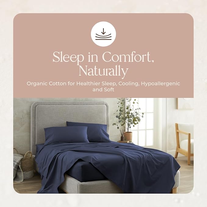 100% Organic Cotton Pillow Cases Standard Size Set of 2-100% Cotton Pillowcases GOTS Certified 300 Thread Count - Naturally Cooling Comfortable Breathable & Soft Pillow Cases (Navy, Standard)