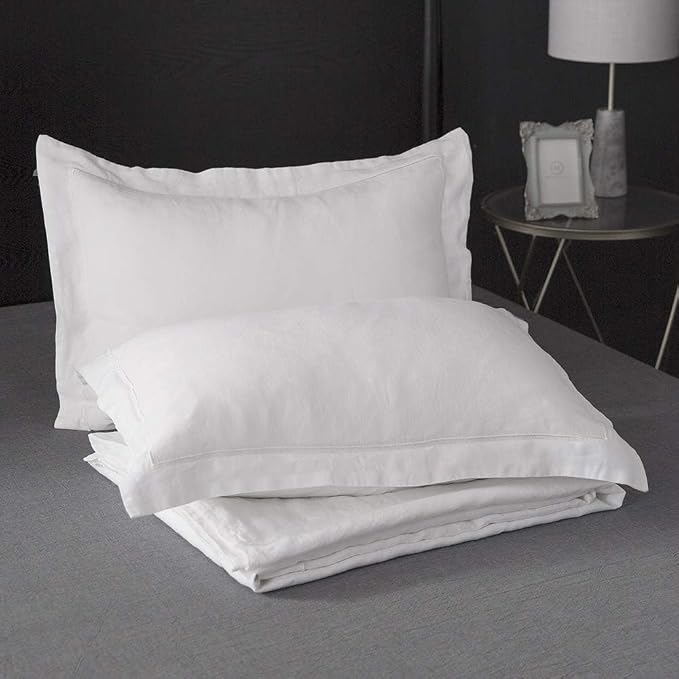 Simple&Opulence 100% Linen Duvet Cover Set with Embroidery Border Washed - 2 Pieces (1 Duvet Cover & 1 Pillow Sham) with Button Closure Soft Breathable Farmhouse - White, Twin Size