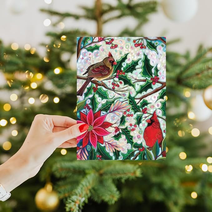 Tree-Free Greetings - Season's Greeting Cards - Artful Designs - 10 Cards + Matching Envelopes - Made in USA - 100% Recycled Paper - 5 x 7 - Holiday Cardinal (HB54444)
