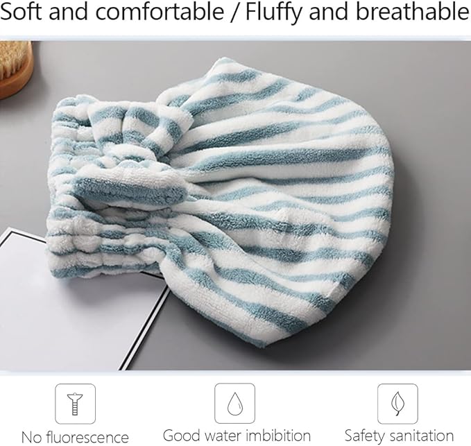 Microfiber Hair Towel Cap,Soft Absorbent Quick Drying Cap for Curly Thick Hair, Wrap Cap for Women Girls-Set of 2 Pcs(Blue White/Gray White)