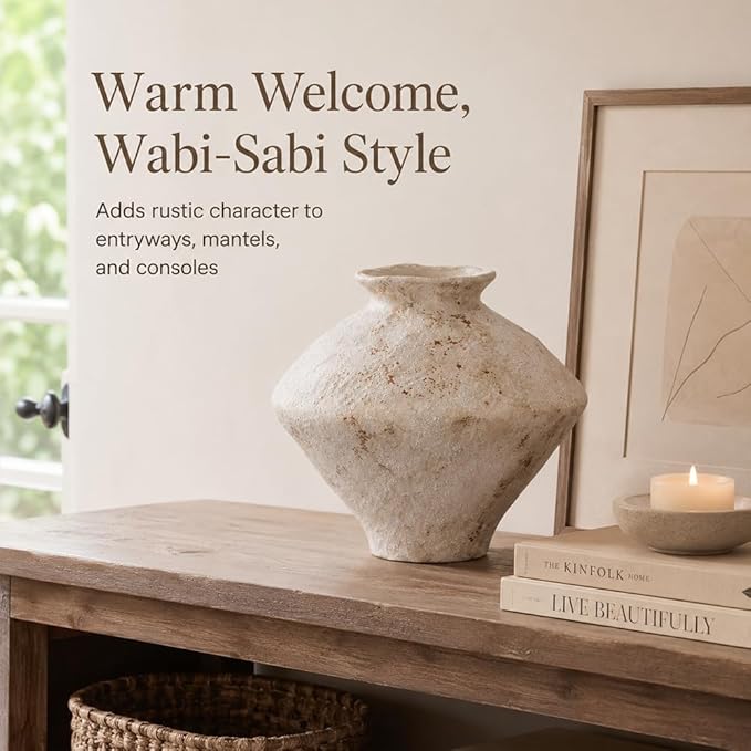 Large Wabi Sabi White Vintage Ceramic Vase, 11" Rustic Pottery Vase for Centerpieces, Textured Decorative Flower Vases for Table, Living Room, Bedroom, Bathroom, Kitchen, Farmhouse Home Decor Gifts