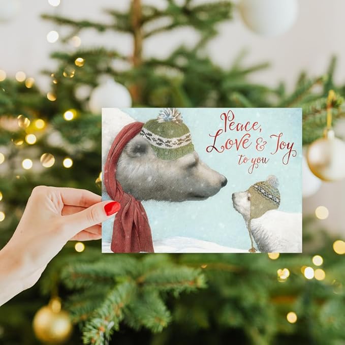 Tree-Free Greetings Peace Love Joy Holiday Cards - 10 Recycled 5x7 Cards & Matching Envelopes, Thick Cardstock, Sustainably Made in USA - Polar Bear Moment