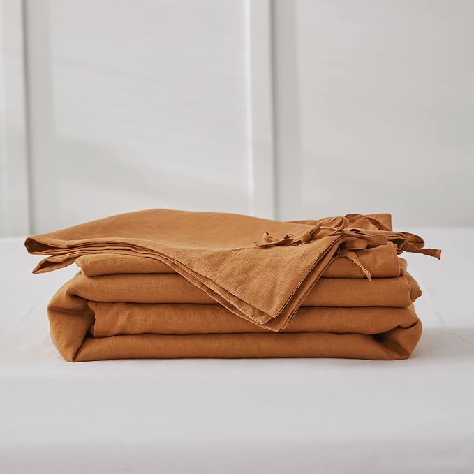 Simple&Opulence 100% Linen Duvet Cover Set 3pcs with Bowknot Ties Closure Natural French Washed Flax Solid Color Soft Breathable Farmhouse Bedding - Rust, King Size