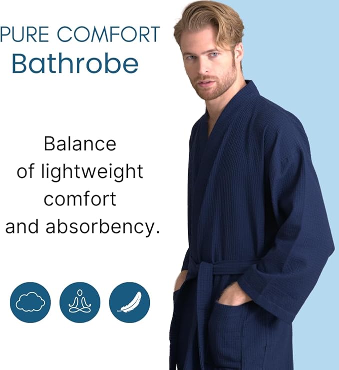 Men's Luxury Waffle Weaved Cotton Bathrobe - Lightweight & Soft - Quick Dry & Absorbent - Spa Robe for Men