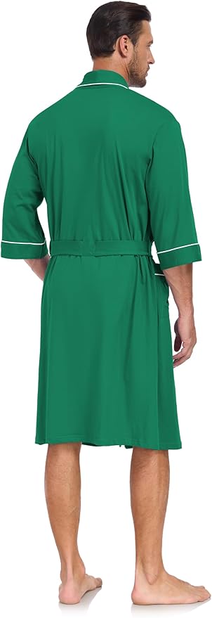 COLORFULLEAF 100% Cotton Men’s Summer Bathrobe Lightweight & Breathable Short Sleeve Kimono Robe with Pockets