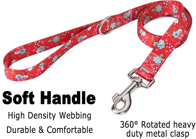 Mihqy Dog Collar and Leash Set with Bohemia Floral Tribal Geometric Patterns - Soft Ethnic Style Collar Adjustable for Small Medium Large Dogs(Red Floral Set,M)