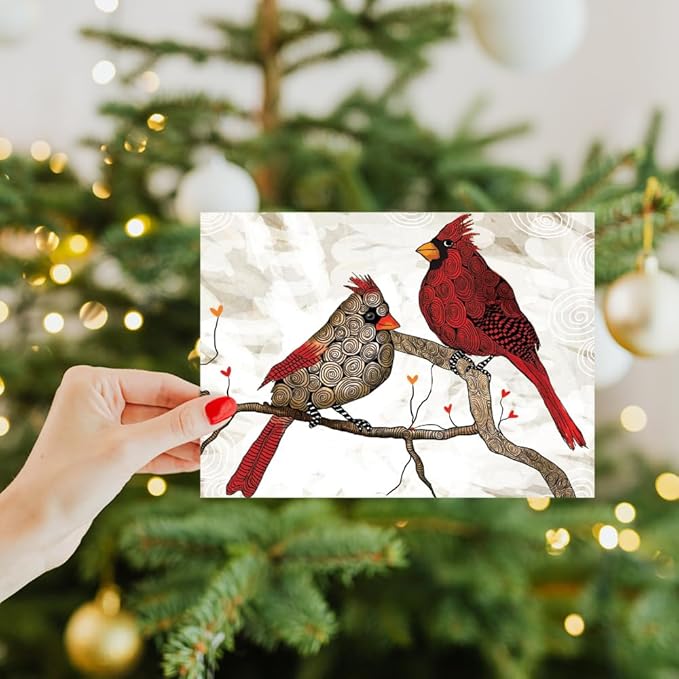 Tree-Free Greetings Cardinals Flitting Holiday Cards - 10 Recycled 5x7 Cards & Matching Envelopes, Thick Cardstock, Sustainably Made in USA - Vibrantly Artful Birds