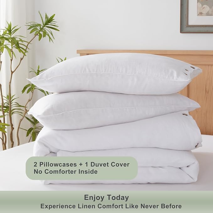 TOSMO 100% Linen Duvet Cover Set with Button Closure, 3 Pieces (1 Duvet Cover with 2 Pillowcases), Soft Breathable Durable Farmhouse Bedding - Queen, White
