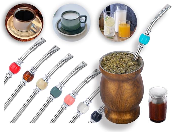 Premium Yerba Mate Straws - Reusable Stainless Steel Bombilla Straw with Colorful Beads - Set with Removable Head Filter (Blue)