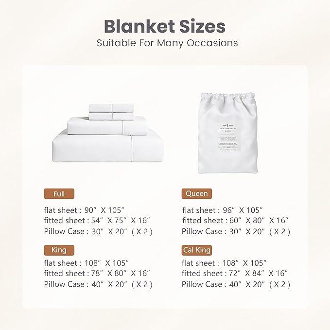 Sophia & William 1000 Thread Count Egyptian Cotton Sheets Queen Size, 100 Percent Cotton Sheets Sateen Weave, 16" Deep Pockets, All-Season 4 Piece Silky Sheet - White