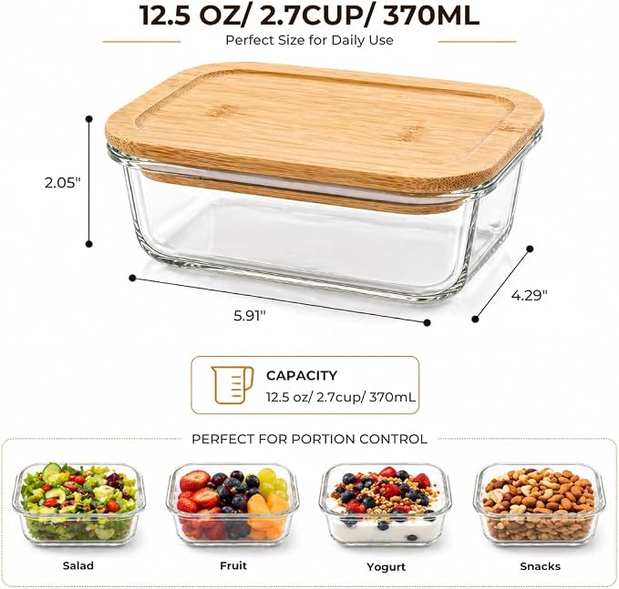 Kitchen Details Glass Food Storage Containers with Bamboo Lids | 4 Pack | 12.5 oz / 370 mL Rectangular Containers | Home | Apartments | Restaurants | Prep