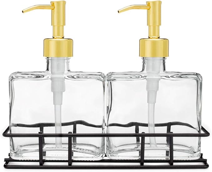 Rail19 Urban Glass Hand and Soap Dispenser Set - Includes Metal Stand Caddy, 8.5oz (Gold)