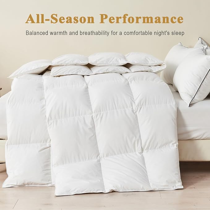 TOPGREEN Organic Feather Down Comforter California King, Luxury Extra-Fluffy Duvet Insert, All Season Bed Comforter with Ultra-Soft Organic Cotton Case (104x96 Inch, Ivory White)
