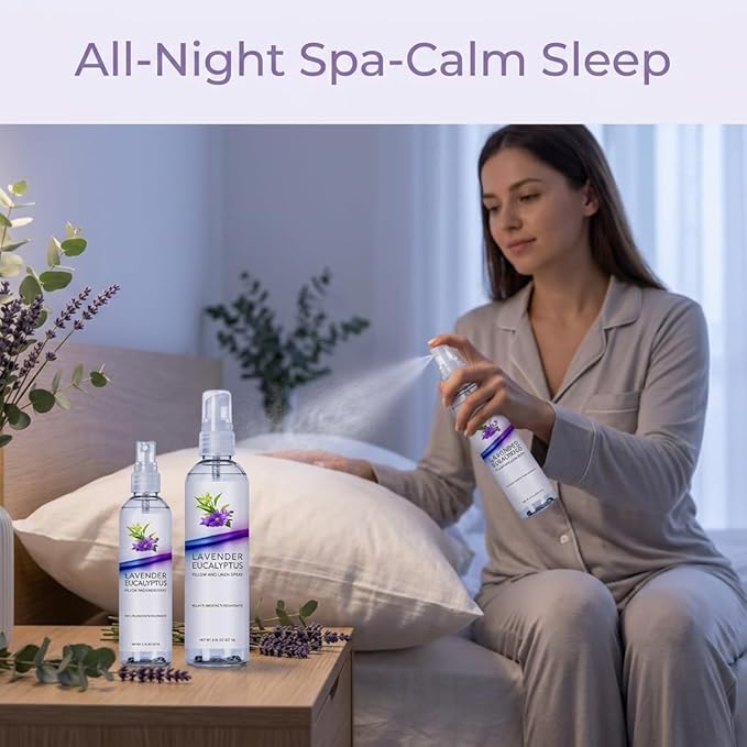 Lavender Eucalyptus Pillow Spray for Sleep, Aromatherapy Linen Spray for Bedding, Room Fabric Mist, Natural Essential Oil Bedroom Relaxation Freshener (Lavender Eucalyptus, 4oz/8oz)