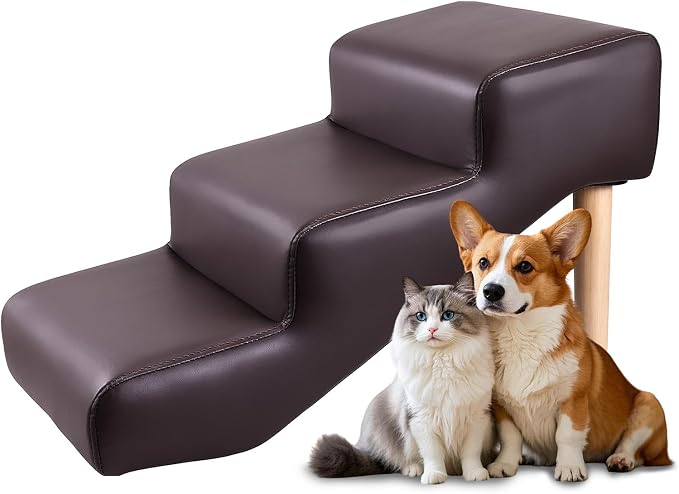 3-Step 15.7" H Dog Stairs for Bed Couch, Waterproof & Scratch PU Leather Pet Steps for Small Dogs and Cats, Dog Ramp with 220 lbs Maximum, Oak Leg & Solid Wood, Non-Slip Feet Brown