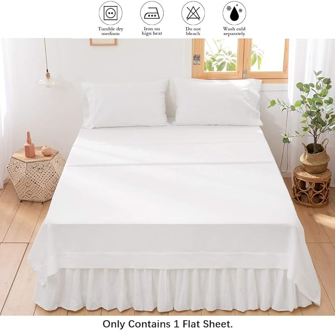 BISELINA Linen Sheet French Flax Flat Sheet Only 55% Euro Linen 45% Cotton Basic Style Solid Color Soft Breathable Farmhouse Top Sheet 1-Piece (Full, White)