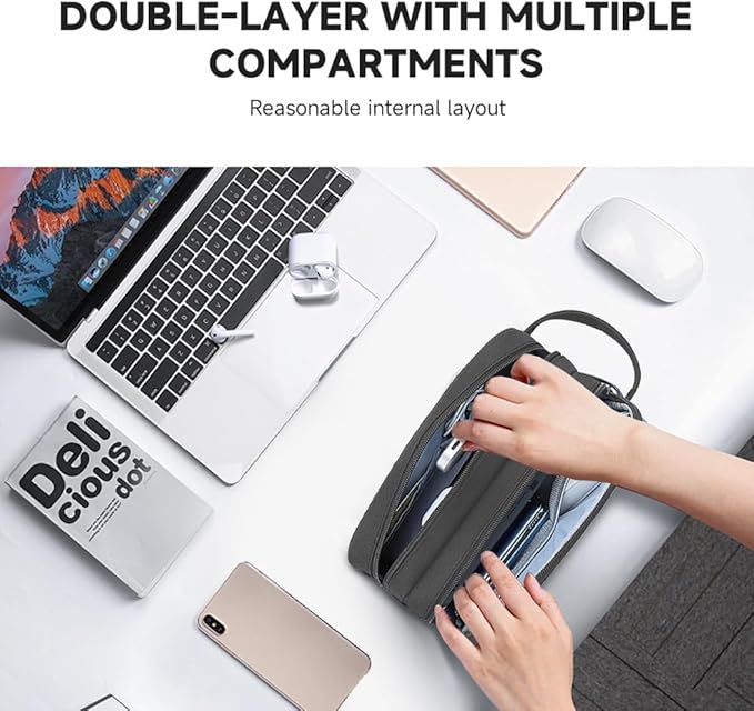 Teskyer Cable Organizer Bag, Travel Electronics Accessories Organiser, Protable Tech Pouch for Phone Chargers, Cables, Flash Drive, Power Bank, Hard Drive, Dark Grey, 23.5 x 12 x 9 cm, Double-Layer