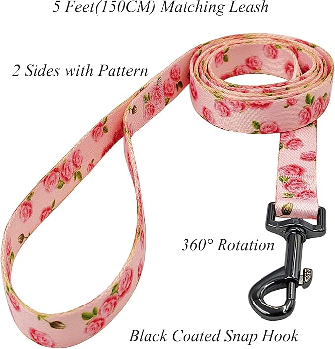 Dog Collar Leash Set, Floral Pattern, Polyester Material, Adjustable Collar and 5ft Matching Leash, for Large Dogs.(L, Pink Rose)