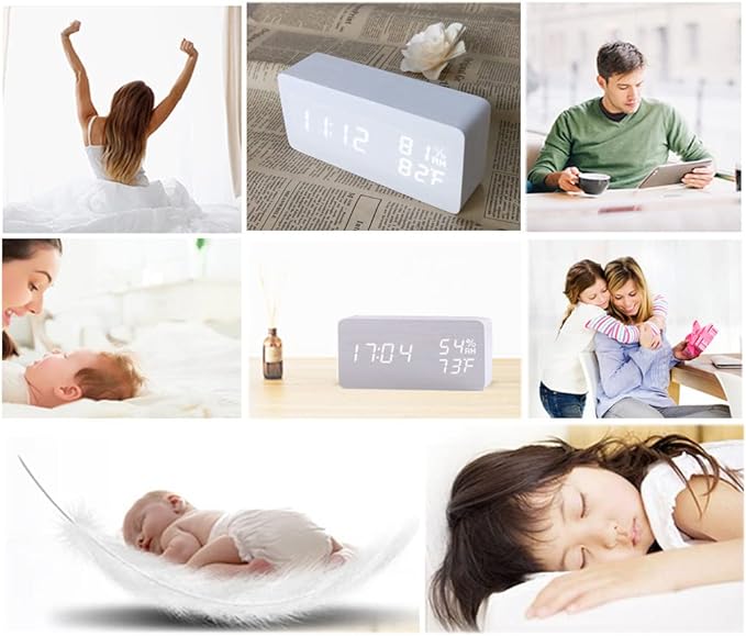 Alarm Clock Wood Digital Clock for Bedroom Snooze Modern LED Desk Clock Display Time Temperature Humidity Brightness Adjustable for Kids Teens Home Office White