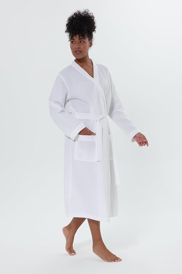 SEYANTE Women's Organic Cotton Waffle Kimono, Hooded Robe – GOTS Certified Lightweight Full-Length Spa Bathrobe with Piping